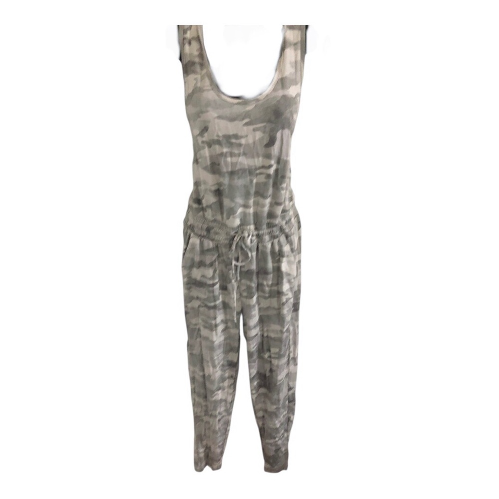 Rachel Zoe grey camo style multi sleeveless drawstring waist Jumpsuit size M new